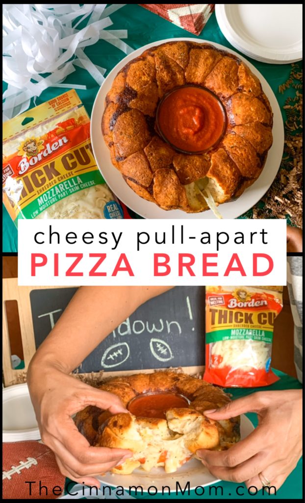 #ad pull-apart pizza bread, Borden Thick Cut Mozzarella Shreds, game day food, party appetizers