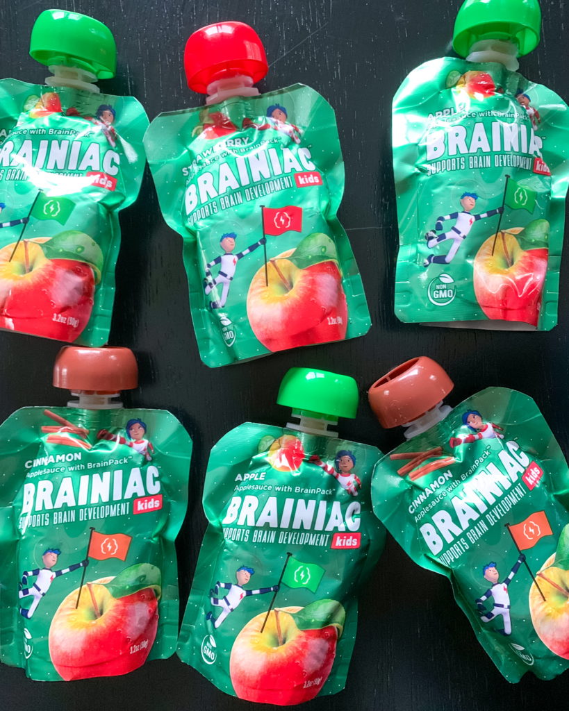 brainiac kids applesauce, healthy snacks, snacks for kids, snack shelf