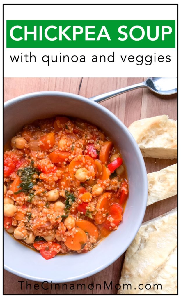 chickpea soup with quinoa and veggies, easy dinner recipe, soup recipe, family dinner ideas, vegetarian recipes
