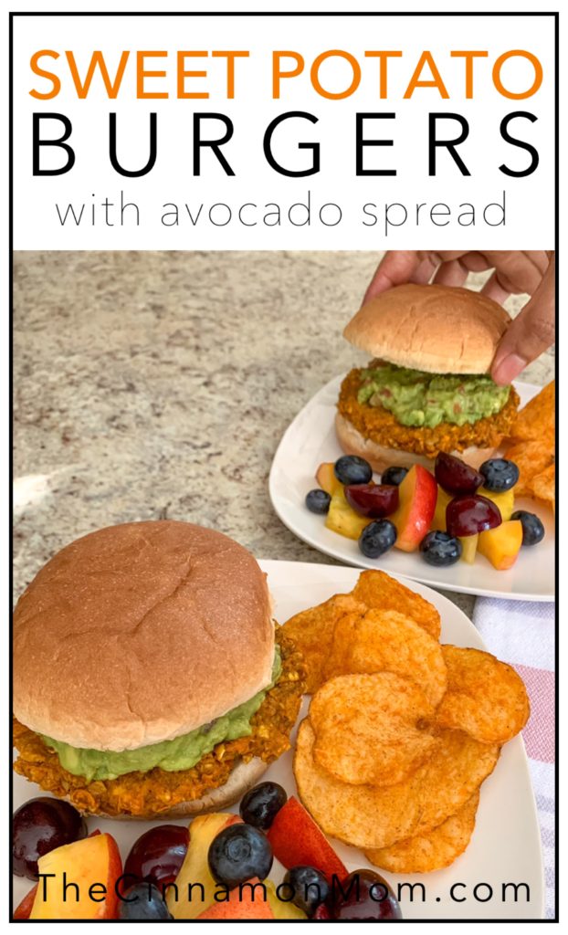 sweet potato burgers with avocado spread, vegetarian recipe