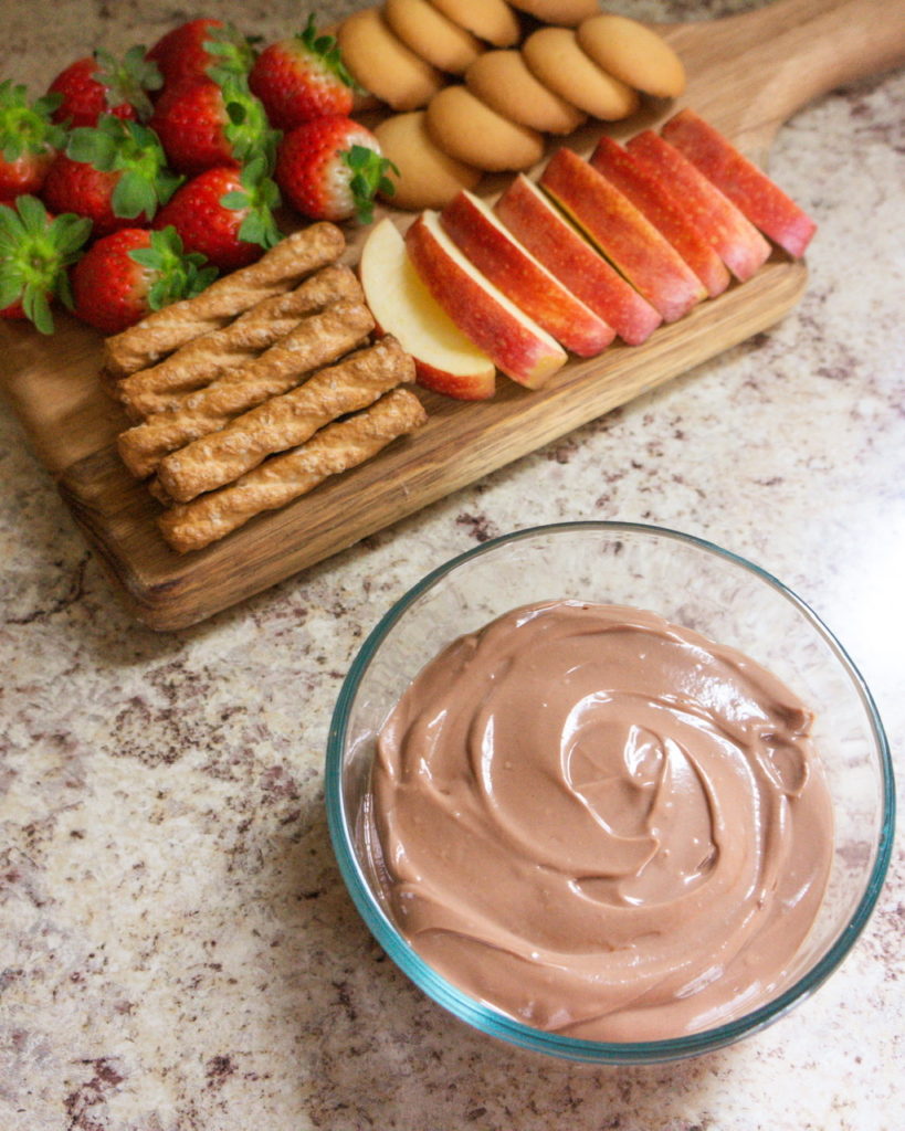 two-ingredient chocolate fruit dip, sweet treats, Valentine's Day treat, healthy treat, snack board